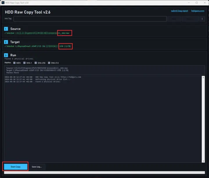 Screenshot from HDD Raw Copy tool